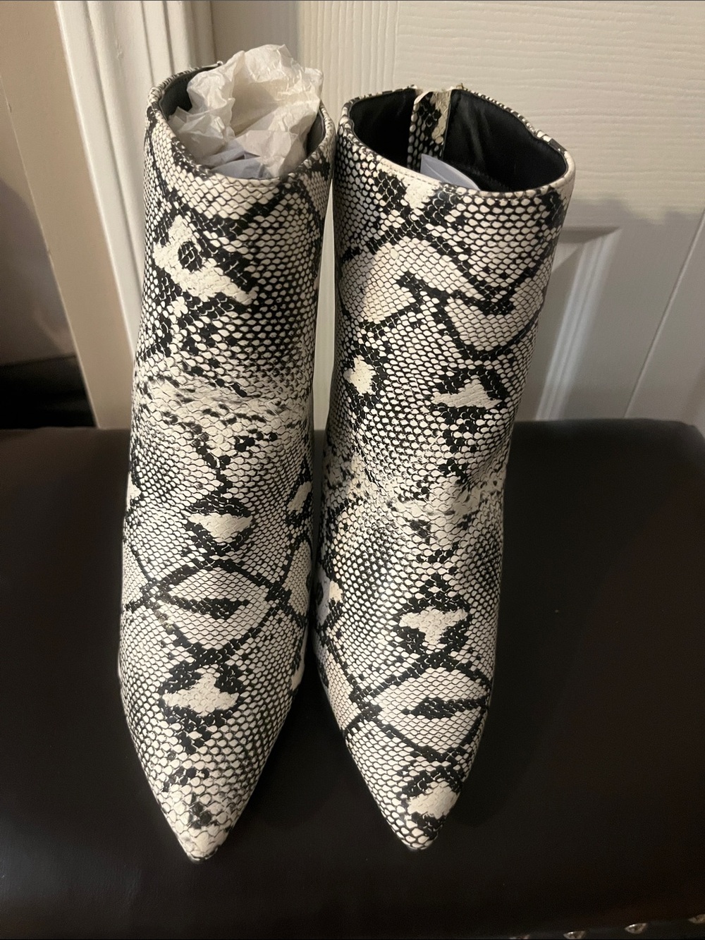 BRAND NEW Snake-Print Pointed Toe Ankle Boots - White/Black